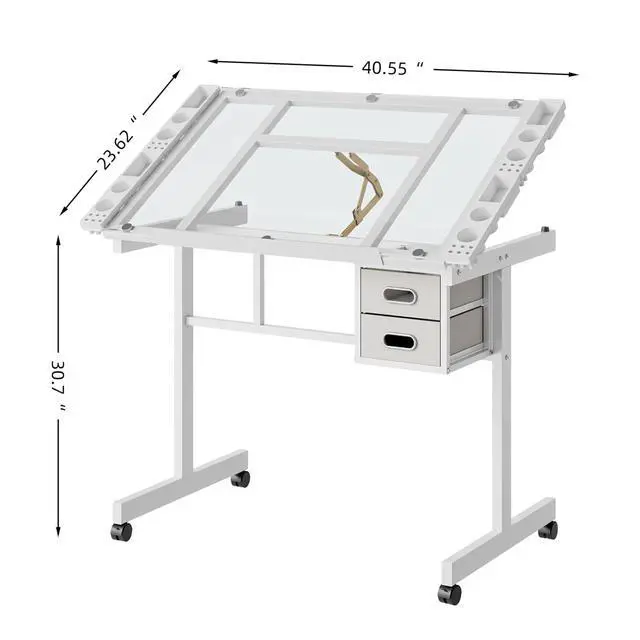 Alt view image 2 of 7 - Adjustable Glass Drafting Table with Storage Drawers and Wheels, White | Rolling Drawing Desk Tiltable Tempered Glass Top, Angle Adjustable, Diamond Painting, Craft DIY Workstation Art Table