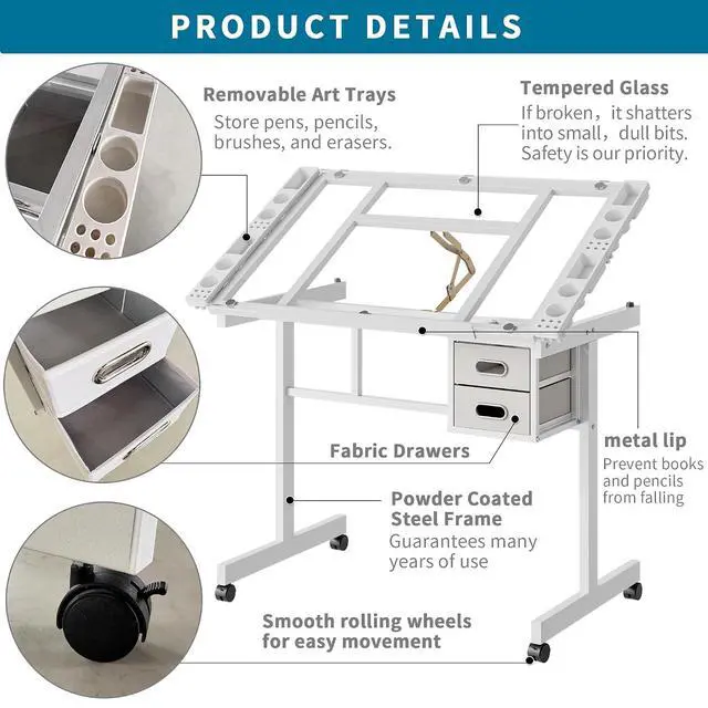 Alt view image 4 of 7 - Adjustable Glass Drafting Table with Storage Drawers and Wheels, White | Rolling Drawing Desk Tiltable Tempered Glass Top, Angle Adjustable, Diamond Painting, Craft DIY Workstation Art Table