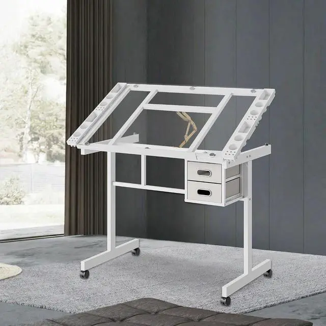 Alt view image 3 of 7 - Adjustable Glass Drafting Table with Storage Drawers and Wheels, White | Rolling Drawing Desk Tiltable Tempered Glass Top, Angle Adjustable, Diamond Painting, Craft DIY Workstation Art Table