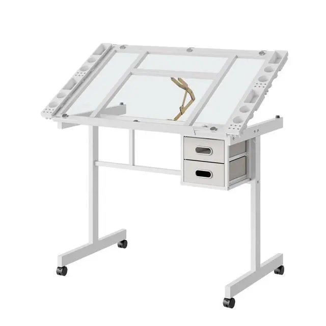 Alt view image 7 of 7 - Adjustable Glass Drafting Table with Storage Drawers and Wheels, White | Rolling Drawing Desk Tiltable Tempered Glass Top, Angle Adjustable, Diamond Painting, Craft DIY Workstation Art Table