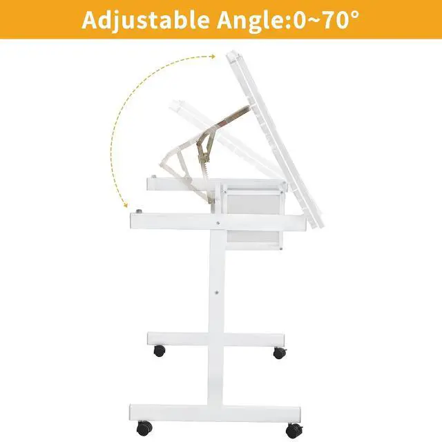 Alt view image 5 of 7 - Adjustable Glass Drafting Table with Storage Drawers and Wheels, White | Rolling Drawing Desk Tiltable Tempered Glass Top, Angle Adjustable, Diamond Painting, Craft DIY Workstation Art Table