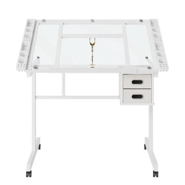 Alt view image 6 of 7 - Adjustable Glass Drafting Table with Storage Drawers and Wheels, White | Rolling Drawing Desk Tiltable Tempered Glass Top, Angle Adjustable, Diamond Painting, Craft DIY Workstation Art Table