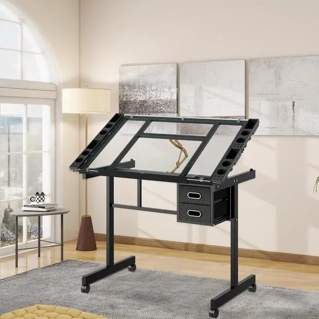 Alt view image 3 of 7 - Adjustable Glass Drafting Table with Storage Drawers and Wheels, Black | Rolling Drawing Desk Tiltable Tempered Glass Top, Angle Adjustable, Diamond Painting, Craft DIY Workstation Art Table