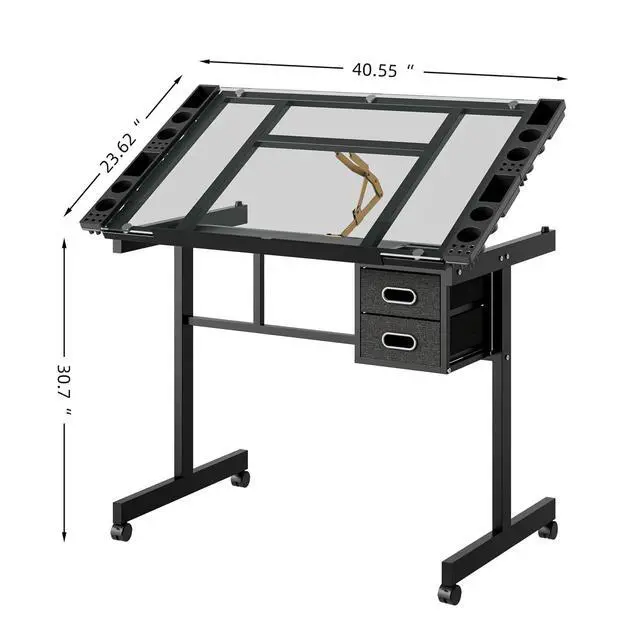 Alt view image 2 of 7 - Adjustable Glass Drafting Table with Storage Drawers and Wheels, Black | Rolling Drawing Desk Tiltable Tempered Glass Top, Angle Adjustable, Diamond Painting, Craft DIY Workstation Art Table