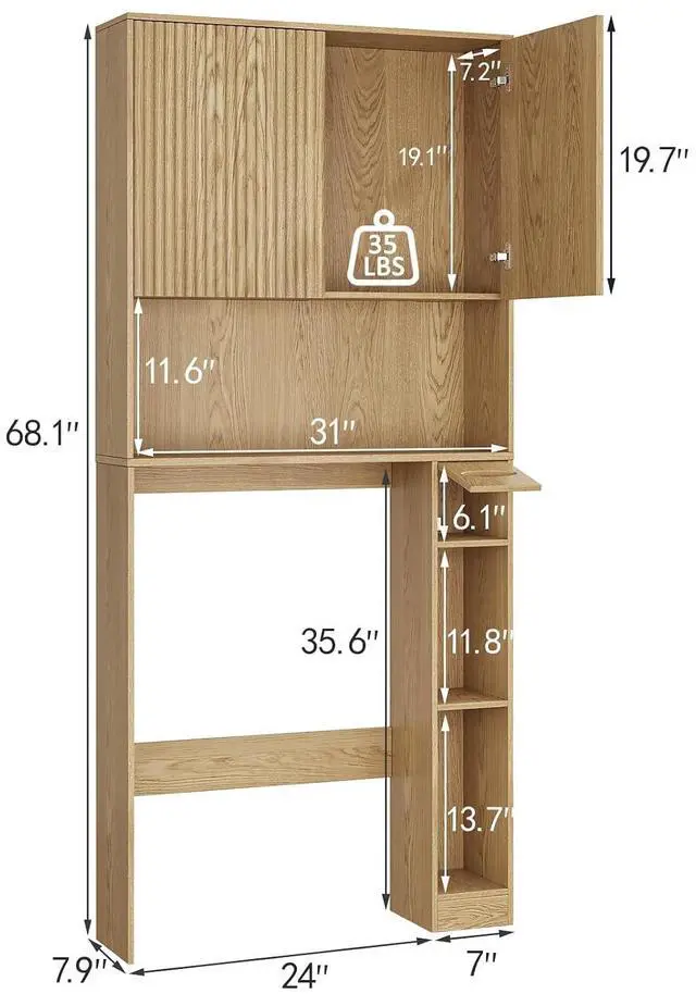 Alt view image 2 of 7 - 31" W Wooden Over The Toilet Storage Cabinet, Fluted Doors, Natural | Over Toilet Bathroom Organizer with Doors, Bathroom Storage Cabinet with Toilet Paper Holder and Anti-Tipping Device
