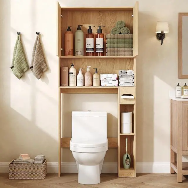 Alt view image 3 of 7 - 31" W Wooden Over The Toilet Storage Cabinet, Fluted Doors, Natural | Over Toilet Bathroom Organizer with Doors, Bathroom Storage Cabinet with Toilet Paper Holder and Anti-Tipping Device
