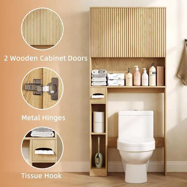 Alt view image 4 of 7 - 31" W Wooden Over The Toilet Storage Cabinet, Fluted Doors, Natural | Over Toilet Bathroom Organizer with Doors, Bathroom Storage Cabinet with Toilet Paper Holder and Anti-Tipping Device