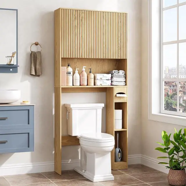 Alt view image 5 of 7 - 31" W Wooden Over The Toilet Storage Cabinet, Fluted Doors, Natural | Over Toilet Bathroom Organizer with Doors, Bathroom Storage Cabinet with Toilet Paper Holder and Anti-Tipping Device