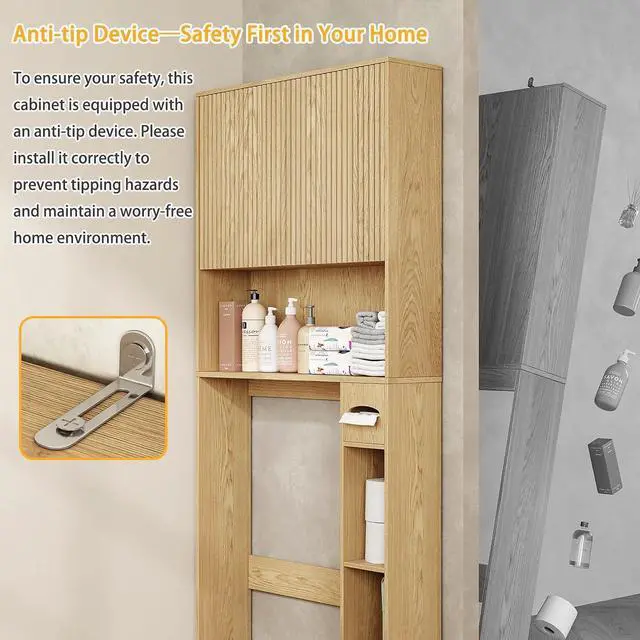Alt view image 6 of 7 - 31" W Wooden Over The Toilet Storage Cabinet, Fluted Doors, Natural | Over Toilet Bathroom Organizer with Doors, Bathroom Storage Cabinet with Toilet Paper Holder and Anti-Tipping Device