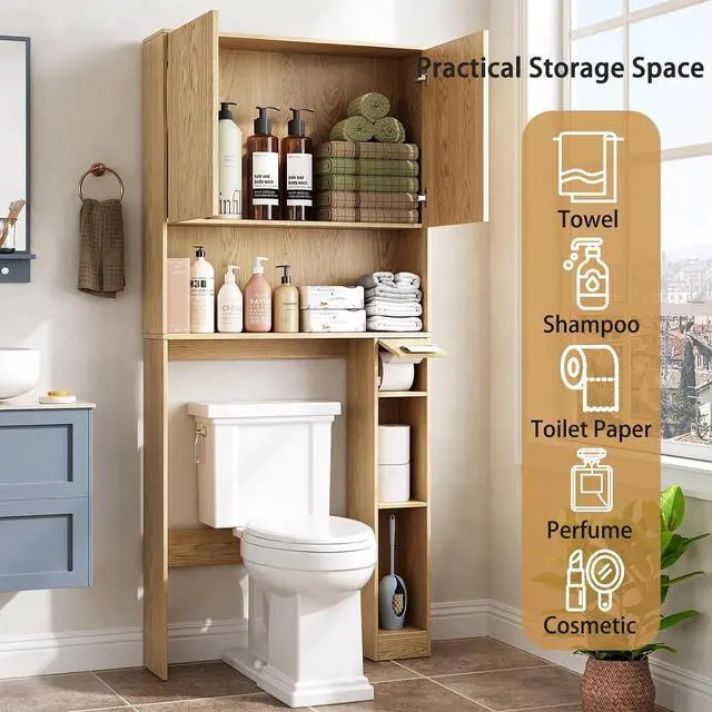 Alt view image 7 of 7 - 31" W Wooden Over The Toilet Storage Cabinet, Fluted Doors, Natural | Over Toilet Bathroom Organizer with Doors, Bathroom Storage Cabinet with Toilet Paper Holder and Anti-Tipping Device