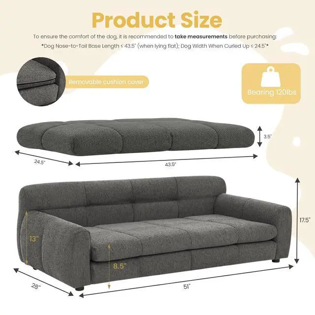 Alt view image 2 of 7 - 51" XL Dog Bed Couch, Elevated Large Dog Sofa with Backrest and Armrests, Soft Memory Foam Extra Large Pet Bed with Removable Cushion, Durable Linen Pet Couch Furniture, Dark Gray
