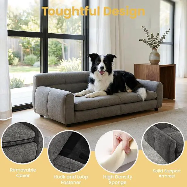 Alt view image 4 of 7 - 51" XL Dog Bed Couch, Elevated Large Dog Sofa with Backrest and Armrests, Soft Memory Foam Extra Large Pet Bed with Removable Cushion, Durable Linen Pet Couch Furniture, Dark Gray