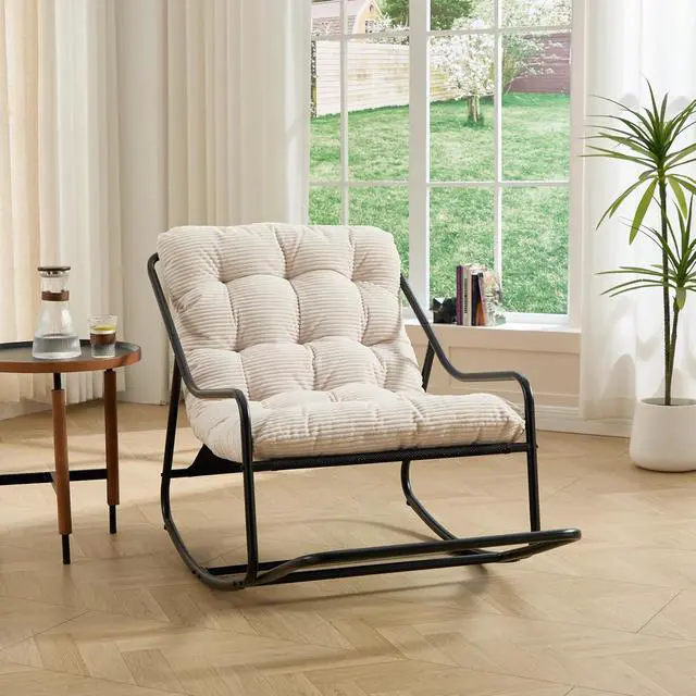 Alt view image 3 of 7 - Outdoor Patio Rocking Chair with Removable Cushion, Armless Accent Lounge Chair with Soft Corduroy Cushion, Metal Frame and Footrest for Living Room, Bedroom, Reading Room, White
