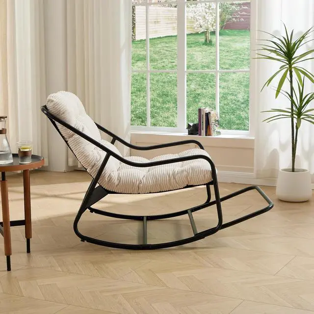Alt view image 4 of 7 - Outdoor Patio Rocking Chair with Removable Cushion, Armless Accent Lounge Chair with Soft Corduroy Cushion, Metal Frame and Footrest for Living Room, Bedroom, Reading Room, White