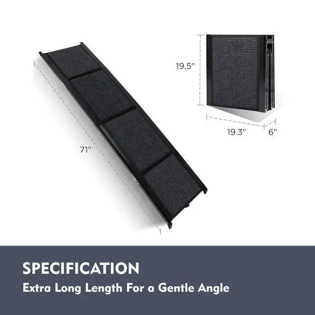 Alt view image 2 of 7 - Foldable Dog Ramp for Car, 71" L x 19.3" W Wider Pet Ramp for Medium & Large Dogs, Outdoor Folding Dog Car Steps with Non-Slip Rug Surface and Aluminium Frame for SUV & Truck, Supports up to 250LBS