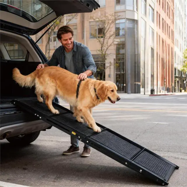 Main image of Foldable Dog Ramp for Car, 71" L x 19.3" W Wider Pet Ramp for Medium & Large Dogs, Outdoor Folding Dog Car Steps with Non-Slip Rug Surface and Aluminium Frame for SUV & Truck, Supports up to 250LBS