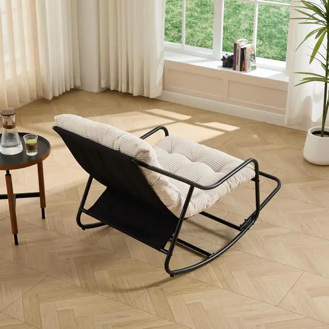 Alt view image 5 of 7 - Outdoor Patio Rocking Chair with Removable Cushion, Armless Accent Lounge Chair with Soft Corduroy Cushion, Metal Frame and Footrest for Living Room, Bedroom, Reading Room, White