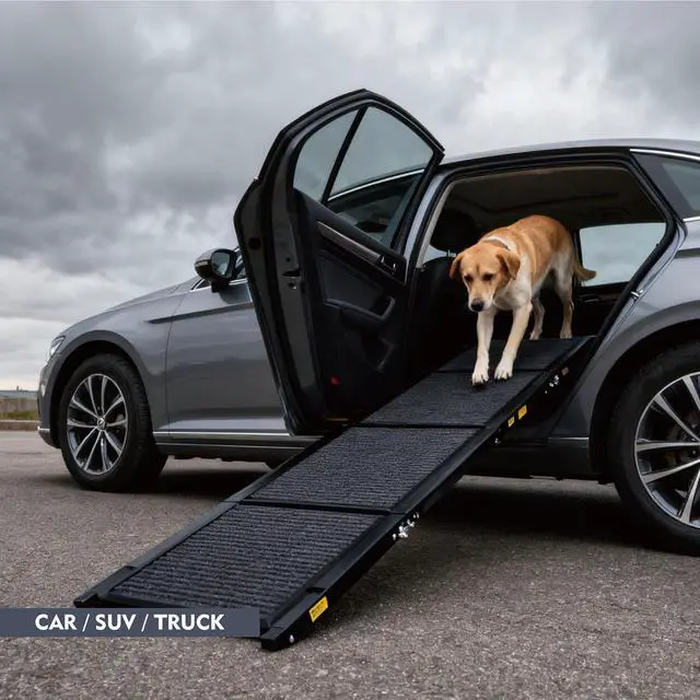 Alt view image 7 of 7 - Foldable Dog Ramp for Car, 71" L x 19.3" W Wider Pet Ramp for Medium & Large Dogs, Outdoor Folding Dog Car Steps with Non-Slip Rug Surface and Aluminium Frame for SUV & Truck, Supports up to 250LBS