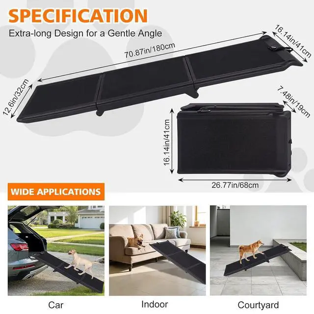 Alt view image 2 of 7 - Foldable Dog Ramp for Car, 71" L x 16" W Pet Ramp for Medium & Large Dogs, Outdoor Folding Dog Car Steps with Non-Slip Rug Surface and PP Plastic Frame for SUV & Truck, Supports up to 250LBS