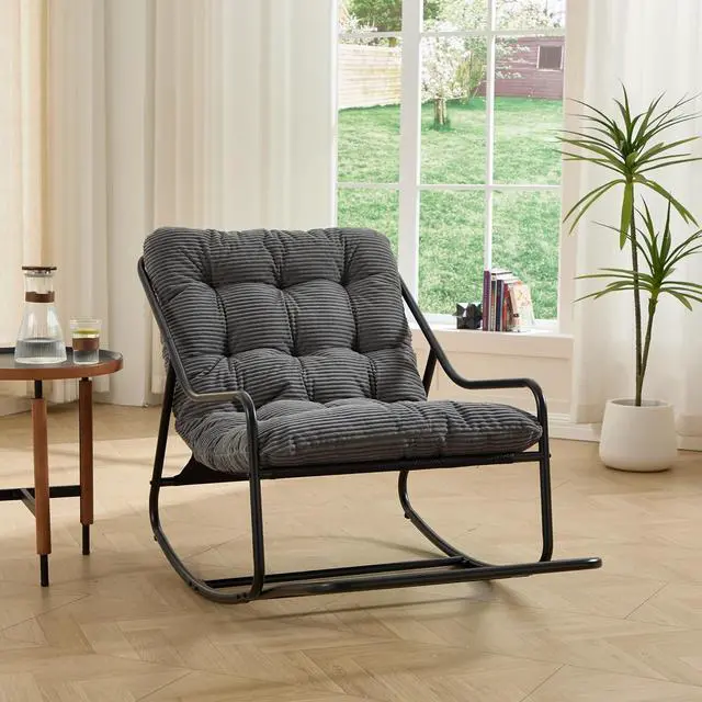 Alt view image 3 of 7 - Outdoor Patio Rocking Chair with Removable Cushion, Armless Accent Lounge Chair with Soft Corduroy Cushion, Metal Frame and Footrest for Living Room, Bedroom, Reading Room, Grey