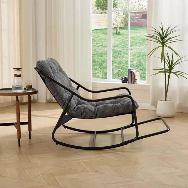 Alt view image 4 of 7 - Outdoor Patio Rocking Chair with Removable Cushion, Armless Accent Lounge Chair with Soft Corduroy Cushion, Metal Frame and Footrest for Living Room, Bedroom, Reading Room, Grey