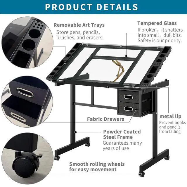 Alt view image 4 of 7 - Adjustable Glass Drafting Table with Storage Drawers and Wheels, Black | Rolling Drawing Desk Tiltable Tempered Glass Top, Angle Adjustable, Diamond Painting, Craft DIY Workstation Art Table