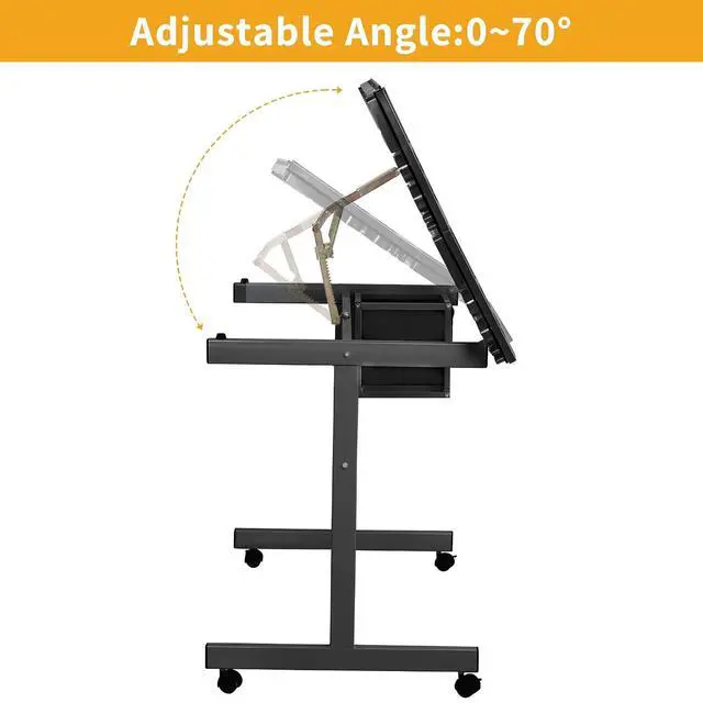 Alt view image 5 of 7 - Adjustable Glass Drafting Table with Storage Drawers and Wheels, Black | Rolling Drawing Desk Tiltable Tempered Glass Top, Angle Adjustable, Diamond Painting, Craft DIY Workstation Art Table