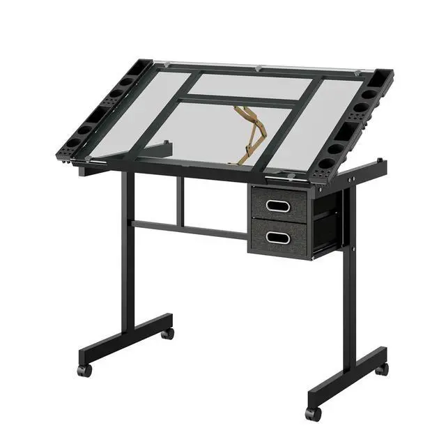 Alt view image 6 of 7 - Adjustable Glass Drafting Table with Storage Drawers and Wheels, Black | Rolling Drawing Desk Tiltable Tempered Glass Top, Angle Adjustable, Diamond Painting, Craft DIY Workstation Art Table