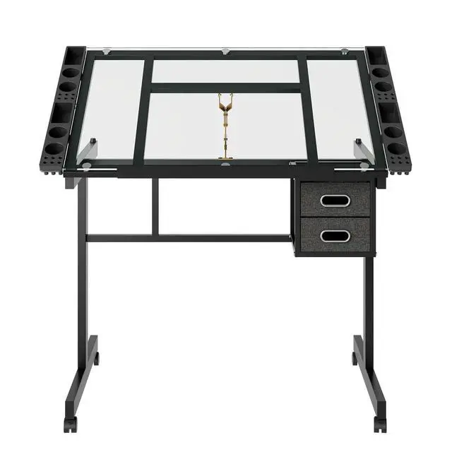 Alt view image 7 of 7 - Adjustable Glass Drafting Table with Storage Drawers and Wheels, Black | Rolling Drawing Desk Tiltable Tempered Glass Top, Angle Adjustable, Diamond Painting, Craft DIY Workstation Art Table