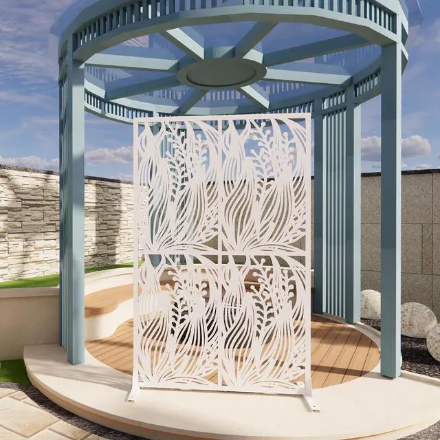 Main image of Metal Outdoor Privacy Screens,W3.8Ft X H6Ft Decorative Fences,Outdoor and Indoor Privacy Panels with Stand,Free Standing Privacy Screen Divider for Balcony Patio Garden Room,White Leaf Shape