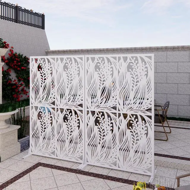 Alt view image 4 of 6 - Metal Outdoor Privacy Screens,W3.8Ft X H6Ft Decorative Fences,Outdoor and Indoor Privacy Panels with Stand,Free Standing Privacy Screen Divider for Balcony Patio Garden Room,White Leaf Shape
