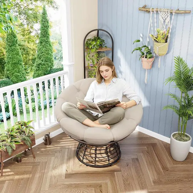Alt view image 3 of 7 - Wicker Papasan Chair with Removable Cushion, 360° Swivel Rattan Patio Chair with Soft Thick Cushion, Comfy Reading Lounger for Outdoor Indoor Living Room, Bedroom, Reading Room, Beige