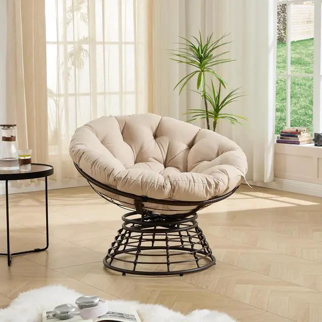 Main image of Wicker Papasan Chair with Removable Cushion, 360° Swivel Rattan Patio Chair with Soft Thick Cushion, Comfy Reading Lounger for Outdoor Indoor Living Room, Bedroom, Reading Room, Beige