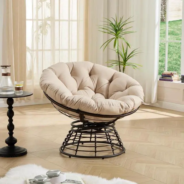 Alt view image 2 of 7 - Wicker Papasan Chair with Removable Cushion, 360° Swivel Rattan Patio Chair with Soft Thick Cushion, Comfy Reading Lounger for Outdoor Indoor Living Room, Bedroom, Reading Room, Beige