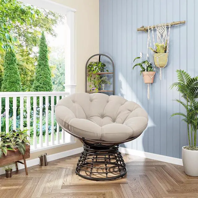 Alt view image 4 of 7 - Wicker Papasan Chair with Removable Cushion, 360° Swivel Rattan Patio Chair with Soft Thick Cushion, Comfy Reading Lounger for Outdoor Indoor Living Room, Bedroom, Reading Room, Beige