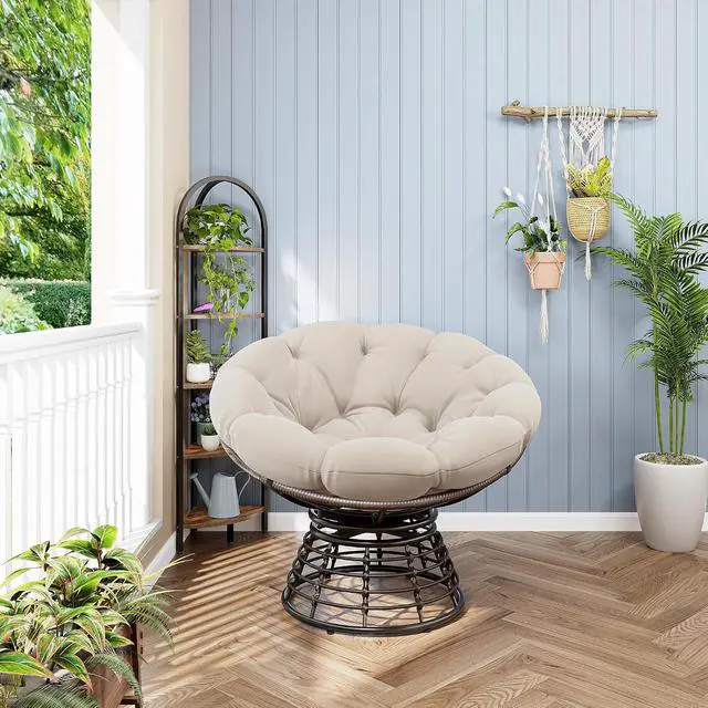 Alt view image 5 of 7 - Wicker Papasan Chair with Removable Cushion, 360° Swivel Rattan Patio Chair with Soft Thick Cushion, Comfy Reading Lounger for Outdoor Indoor Living Room, Bedroom, Reading Room, Beige