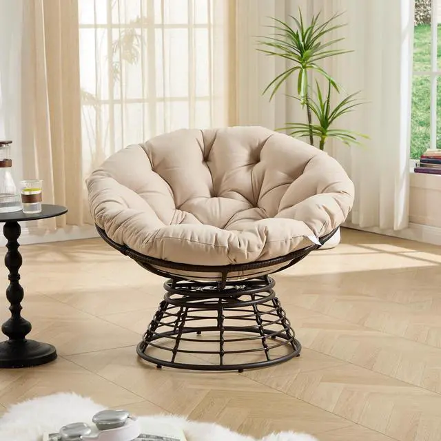 Alt view image 6 of 7 - Wicker Papasan Chair with Removable Cushion, 360° Swivel Rattan Patio Chair with Soft Thick Cushion, Comfy Reading Lounger for Outdoor Indoor Living Room, Bedroom, Reading Room, Beige