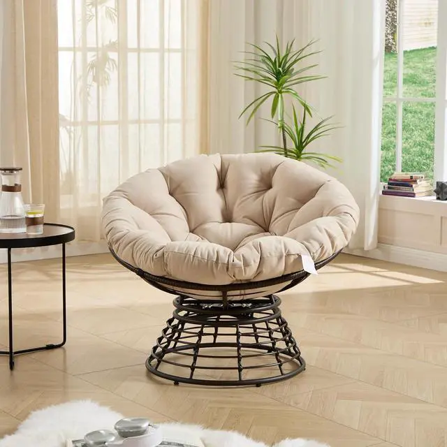 Alt view image 7 of 7 - Wicker Papasan Chair with Removable Cushion, 360° Swivel Rattan Patio Chair with Soft Thick Cushion, Comfy Reading Lounger for Outdoor Indoor Living Room, Bedroom, Reading Room, Beige