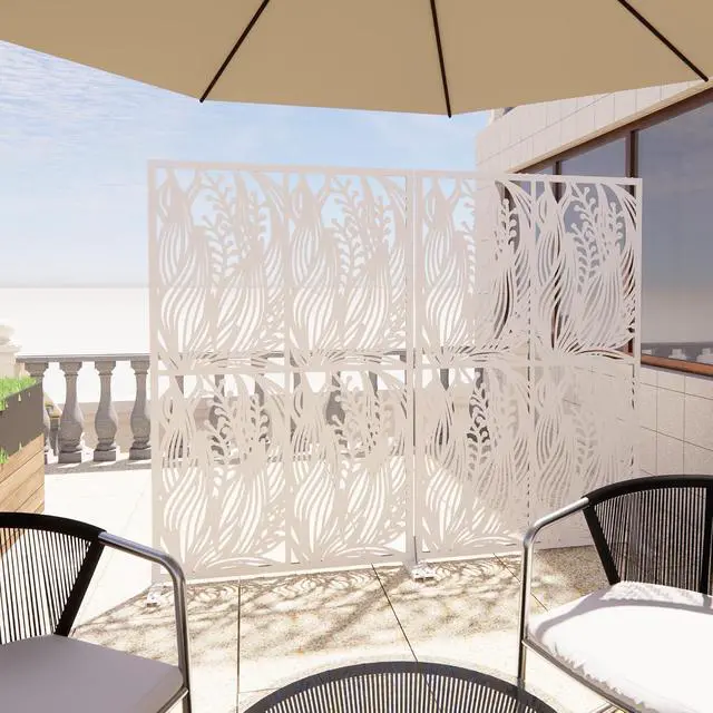 Alt view image 3 of 6 - Metal Outdoor Privacy Screens,W3.8Ft X H6Ft Decorative Fences,Outdoor and Indoor Privacy Panels with Stand,Free Standing Privacy Screen Divider for Balcony Patio Garden Room,White Leaf Shape