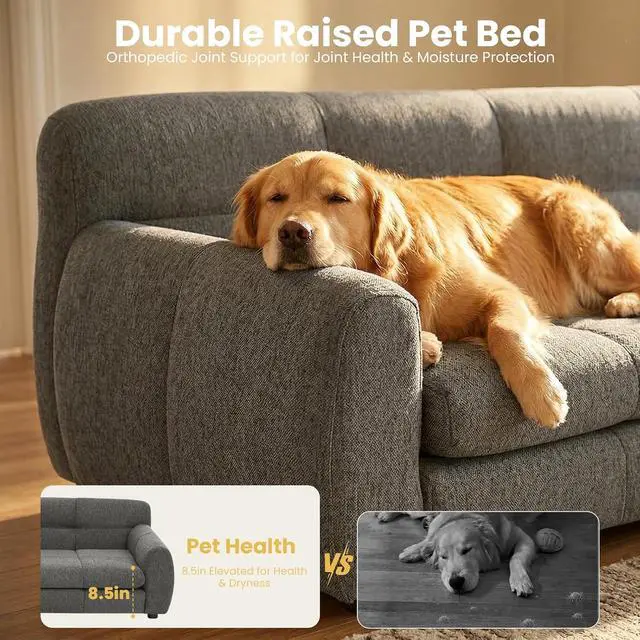 Alt view image 6 of 7 - 51" XL Dog Bed Couch, Elevated Large Dog Sofa with Backrest and Armrests, Soft Memory Foam Extra Large Pet Bed with Removable Cushion, Durable Linen Pet Couch Furniture, Dark Gray