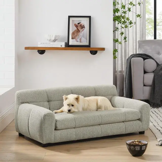 Alt view image 3 of 7 - 38" Dog Sofa Bed, Elevated Dog Bed with Backrest and Armrests, Soft Memory Foam Couches for Small and Medium-Sized Pets, Durable Linen Pet Couch Furniture, Beige