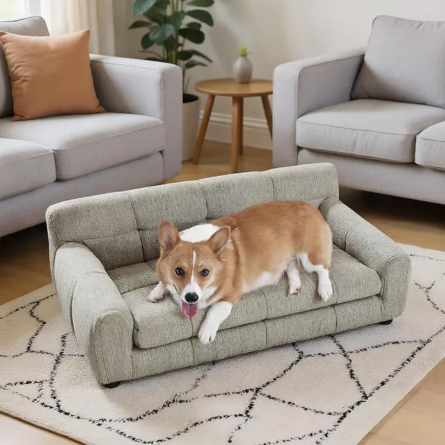 Alt view image 6 of 7 - 38" Dog Sofa Bed, Elevated Dog Bed with Backrest and Armrests, Soft Memory Foam Couches for Small and Medium-Sized Pets, Durable Linen Pet Couch Furniture, Beige