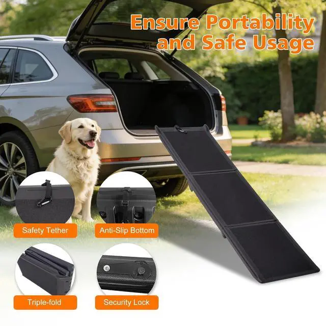 Alt view image 4 of 7 - Foldable Dog Ramp for Car, 71" L x 16" W Pet Ramp for Medium & Large Dogs, Outdoor Folding Dog Car Steps with Non-Slip Rug Surface and PP Plastic Frame for SUV & Truck, Supports up to 250LBS