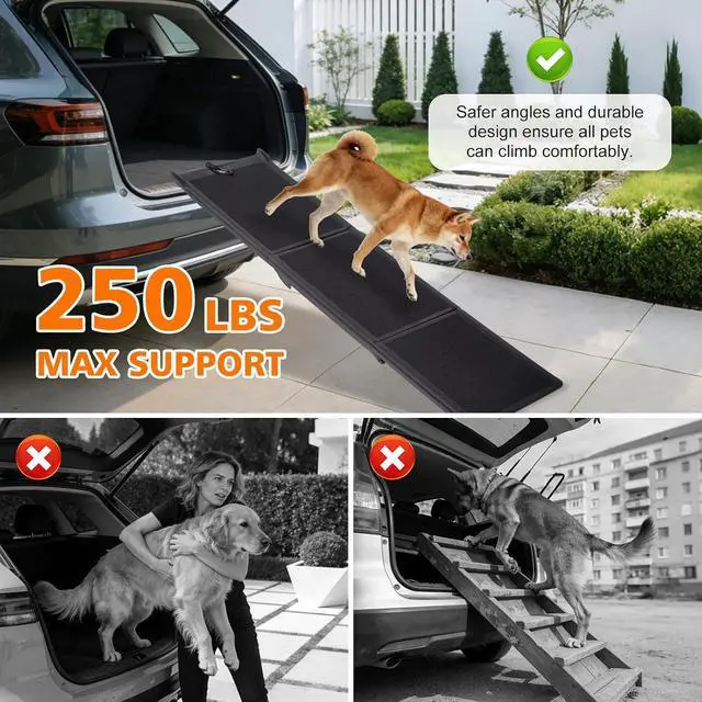 Alt view image 6 of 7 - Foldable Dog Ramp for Car, 71" L x 16" W Pet Ramp for Medium & Large Dogs, Outdoor Folding Dog Car Steps with Non-Slip Rug Surface and PP Plastic Frame for SUV & Truck, Supports up to 250LBS