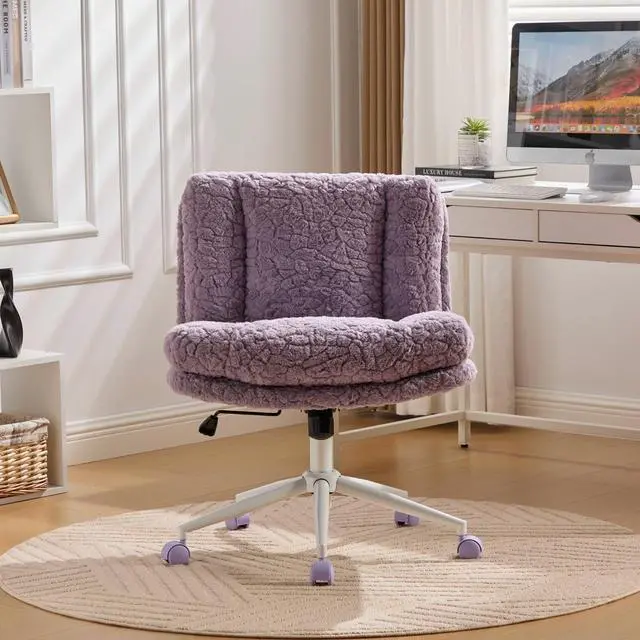 Alt view image 3 of 7 - Armless Faux Fur Vanity Chair, 360° Swivel Office Chair with Wheels, Wide Seat Desk Chair with Low Back and Metal Base, Adjustable Height Rolling Stool for Home Office, Meditation & Makeup, Violet