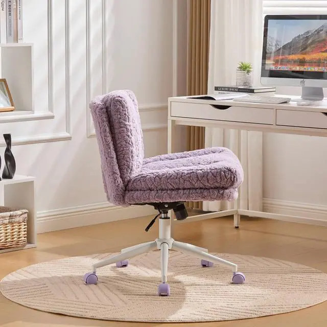 Alt view image 4 of 7 - Armless Faux Fur Vanity Chair, 360° Swivel Office Chair with Wheels, Wide Seat Desk Chair with Low Back and Metal Base, Adjustable Height Rolling Stool for Home Office, Meditation & Makeup, Violet