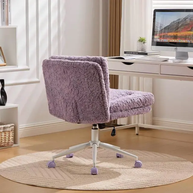 Alt view image 5 of 7 - Armless Faux Fur Vanity Chair, 360° Swivel Office Chair with Wheels, Wide Seat Desk Chair with Low Back and Metal Base, Adjustable Height Rolling Stool for Home Office, Meditation & Makeup, Violet