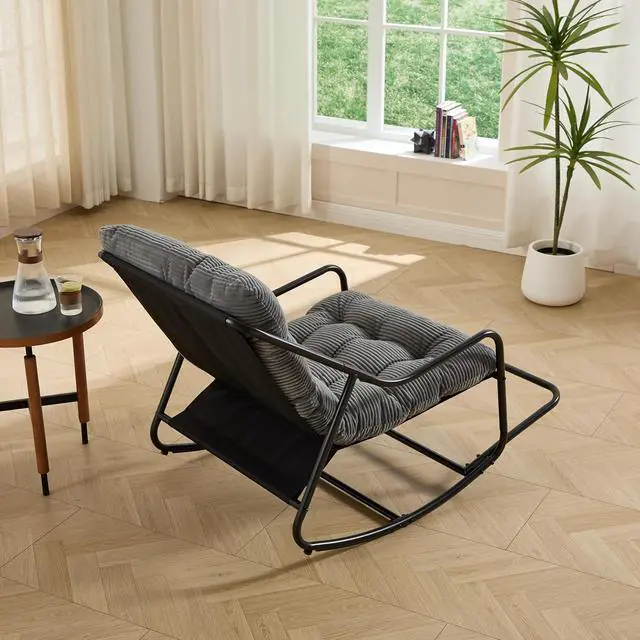 Alt view image 5 of 7 - Outdoor Patio Rocking Chair with Removable Cushion, Armless Accent Lounge Chair with Soft Corduroy Cushion, Metal Frame and Footrest for Living Room, Bedroom, Reading Room, Grey