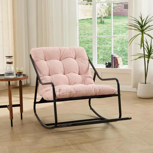 Alt view image 3 of 7 - Outdoor Patio Rocking Chair with Removable Cushion, Armless Accent Lounge Chair with Soft Corduroy Cushion, Metal Frame and Footrest for Living Room, Bedroom, Reading Room, Pink