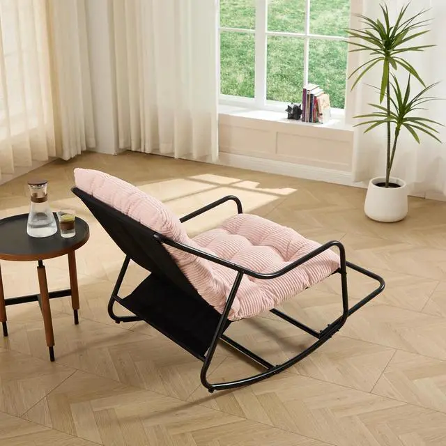 Alt view image 4 of 7 - Outdoor Patio Rocking Chair with Removable Cushion, Armless Accent Lounge Chair with Soft Corduroy Cushion, Metal Frame and Footrest for Living Room, Bedroom, Reading Room, Pink